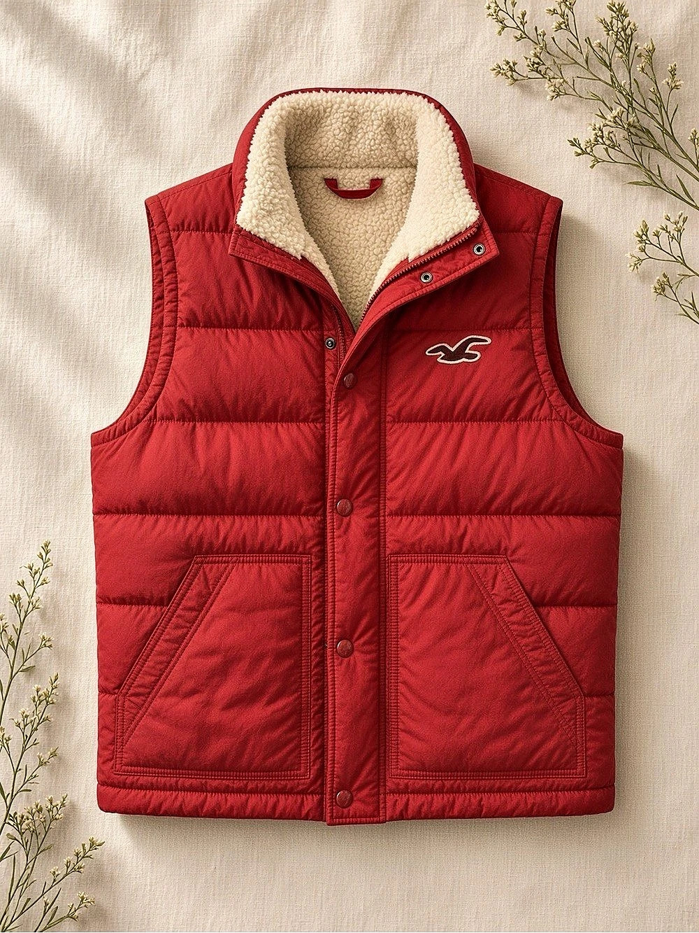 Men’s Hollister Red Sherpa-Collar Puffer Vest, Size Medium